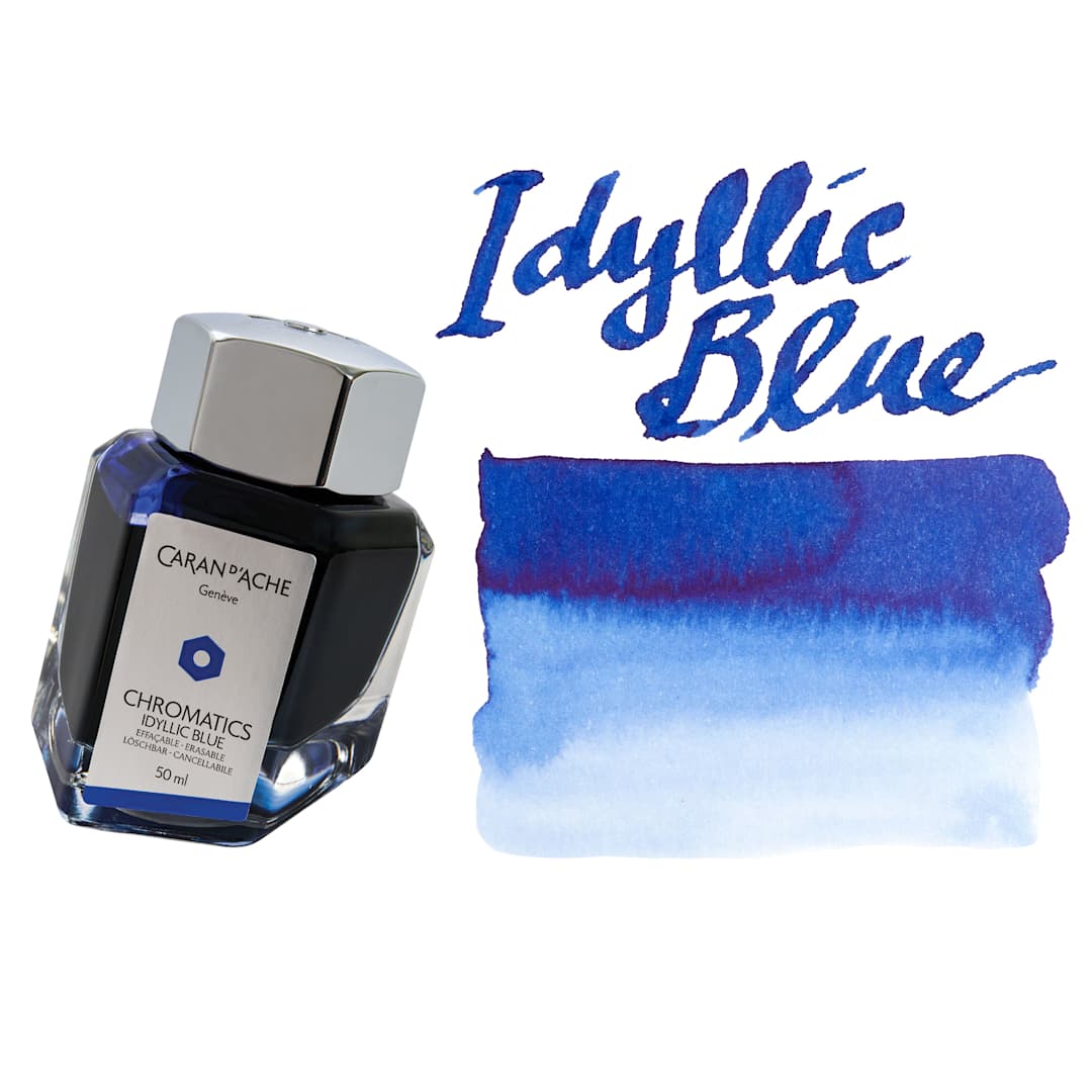 Open in modal - Caran d'Ache Chromatics Ink - Idyllic Blue, swatch and jar