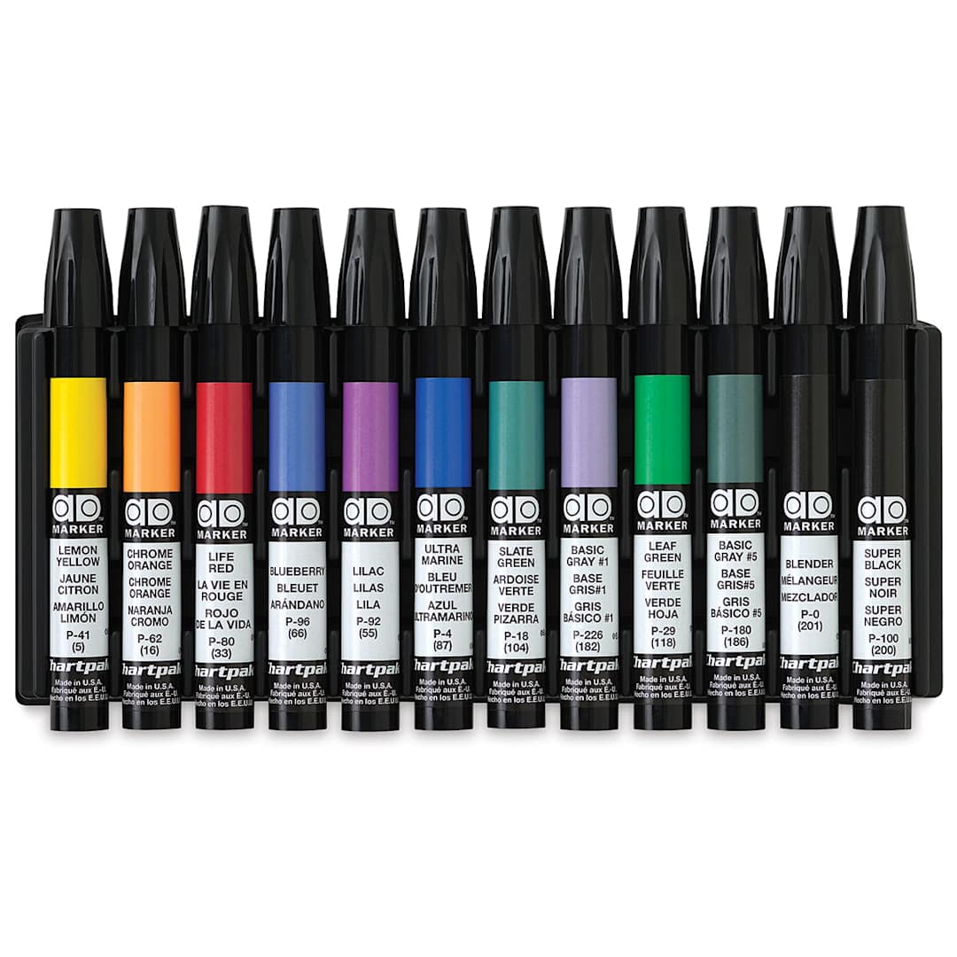 Open in modal - Chartpak Ad Markers- Components of 12 Marker Set shown in storage tray