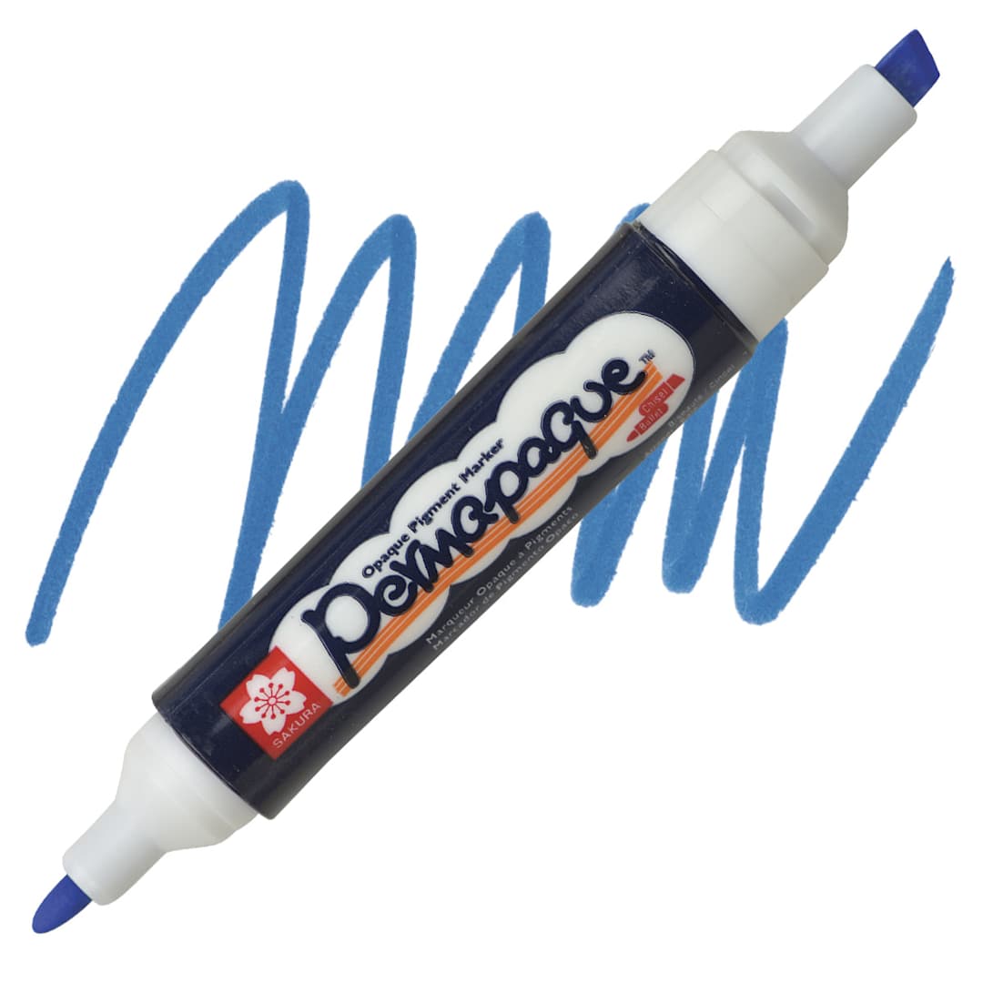 Open in modal - Sakura Permapaque Opaque Paint Marker - Blue, Dual Point marker and swatch