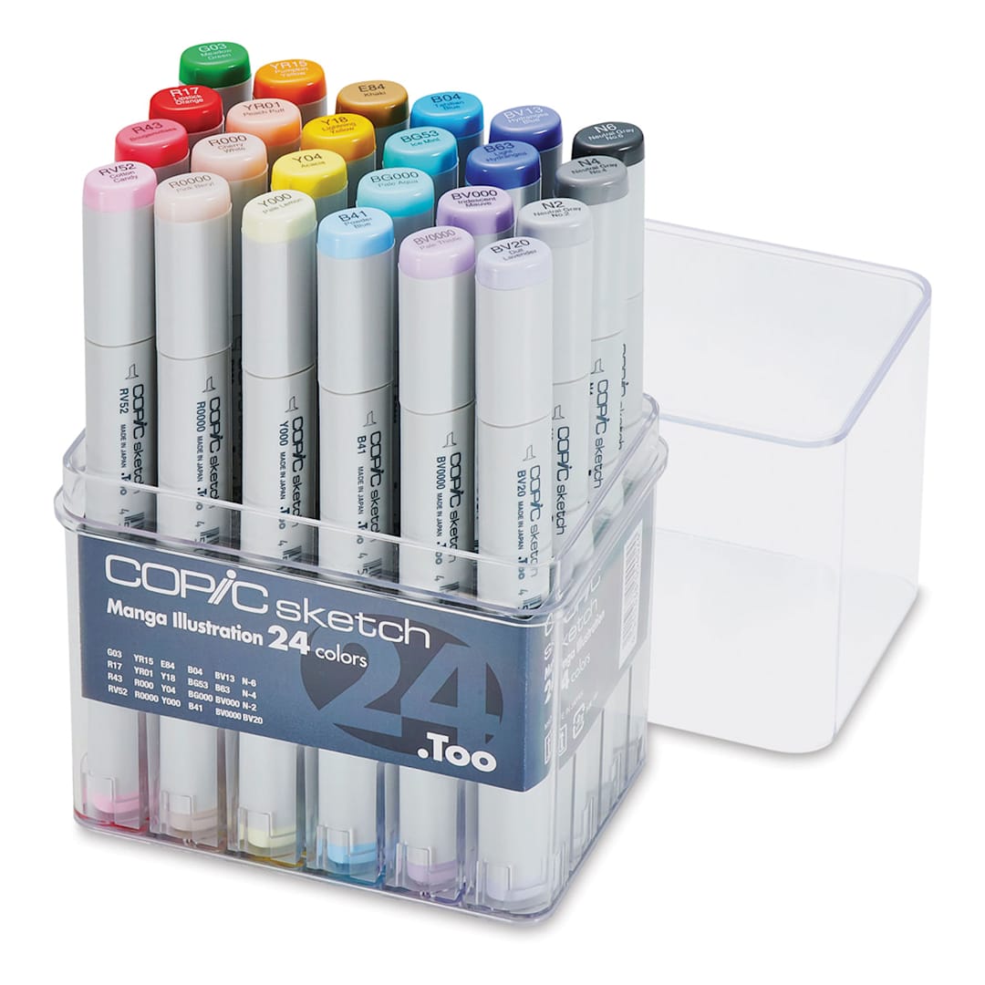 Open in modal - Copic Sketch Markers, Set of 24 Manga Colors. Front of package, four rows of markers, lid off.
