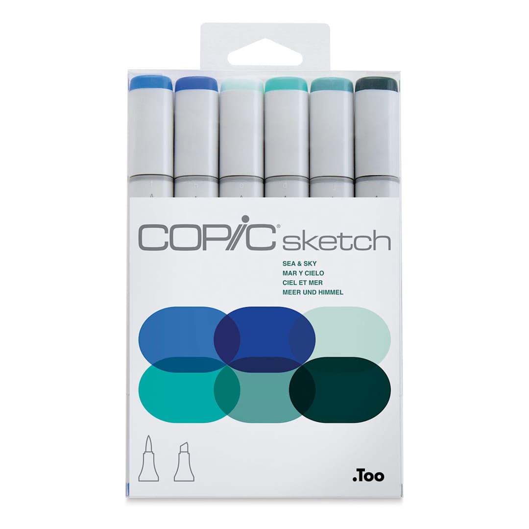 Open in modal - Copic Sketch Markers, Set of 6. Sea & Sky Set. Front of package of blue and green colors.   