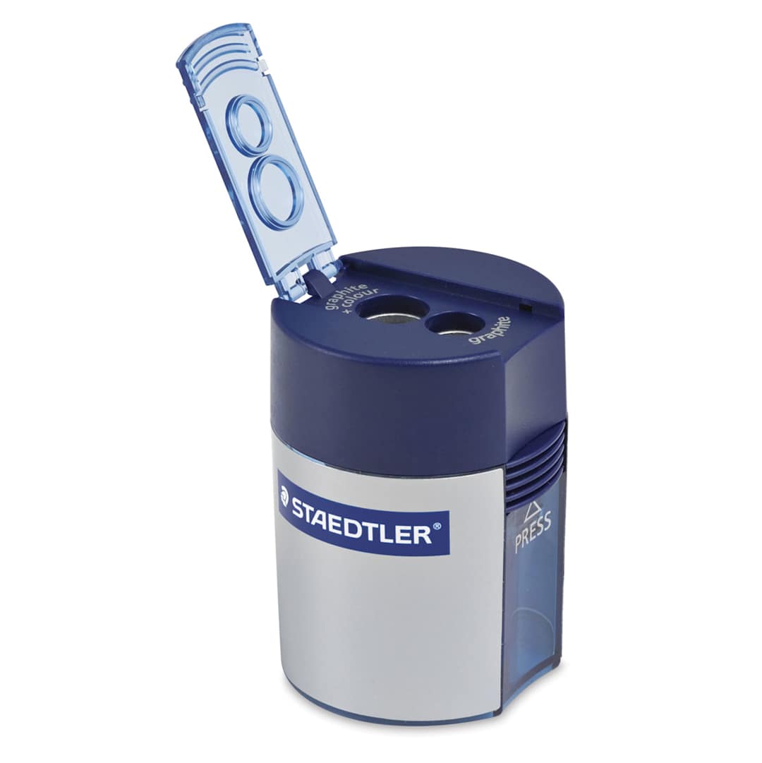 Open in modal - Staedtler Two-Hole Tub Pencil Sharpener - Front view of sharpener with lid open