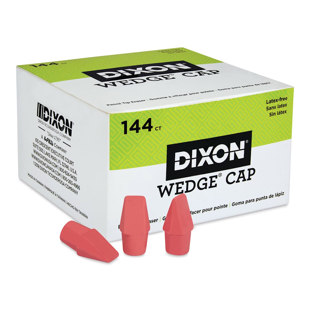 Open in modal - Dixon Wedge Pencil Cap Erasers - Pink, Box of 144, three erasers in front of the packaging