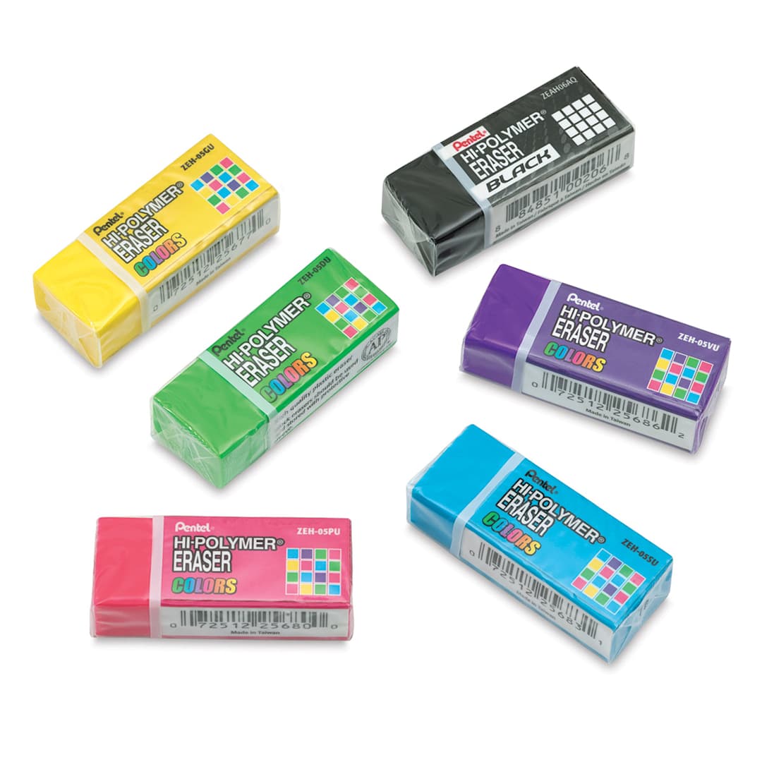 Open in modal - Pentel Hi-Polymer Erasers - 6 Small Assorted Color Erasers shown in packaging