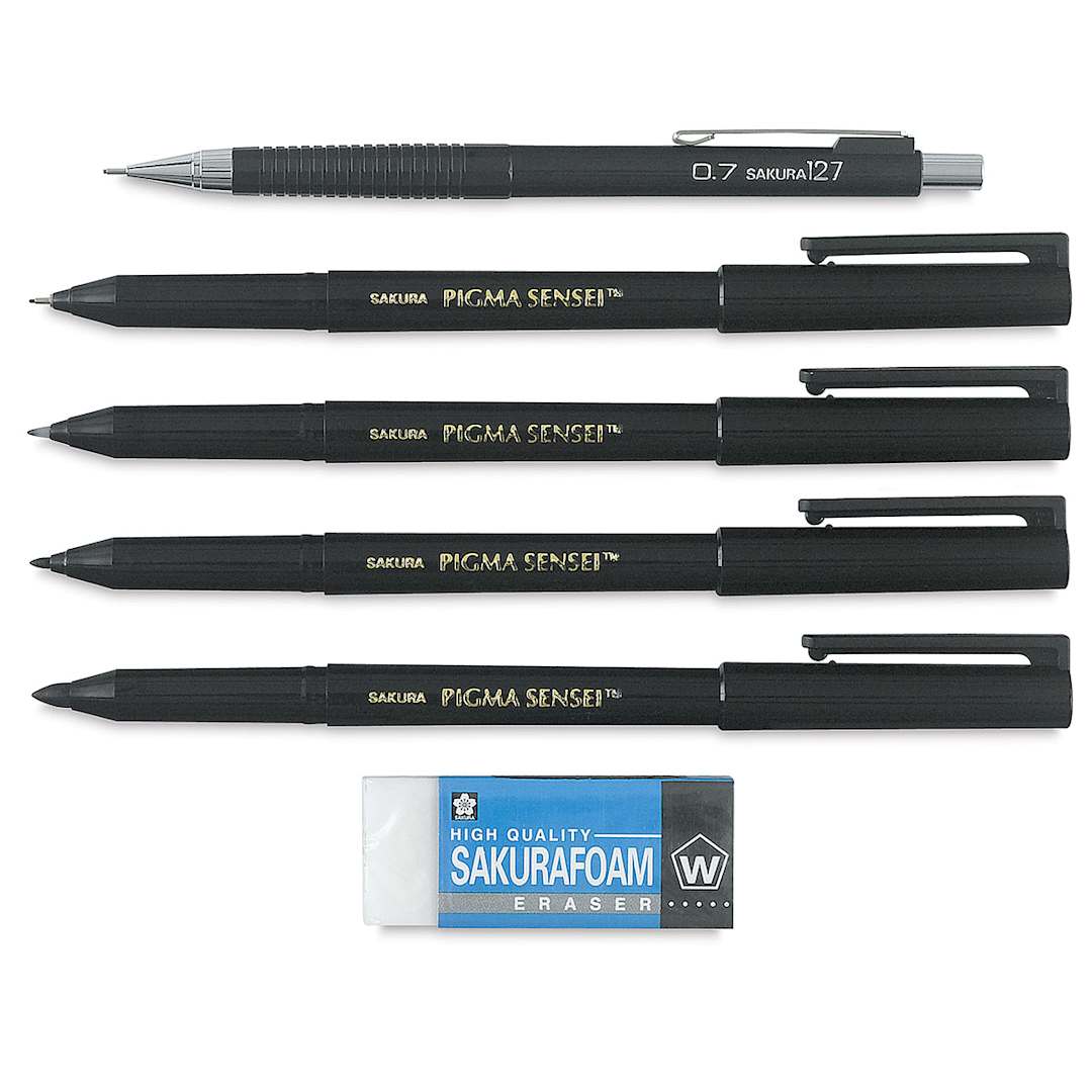 Open in modal - Manga Drawing Set - Components of Drawing set shown horizontally and pens uncapped