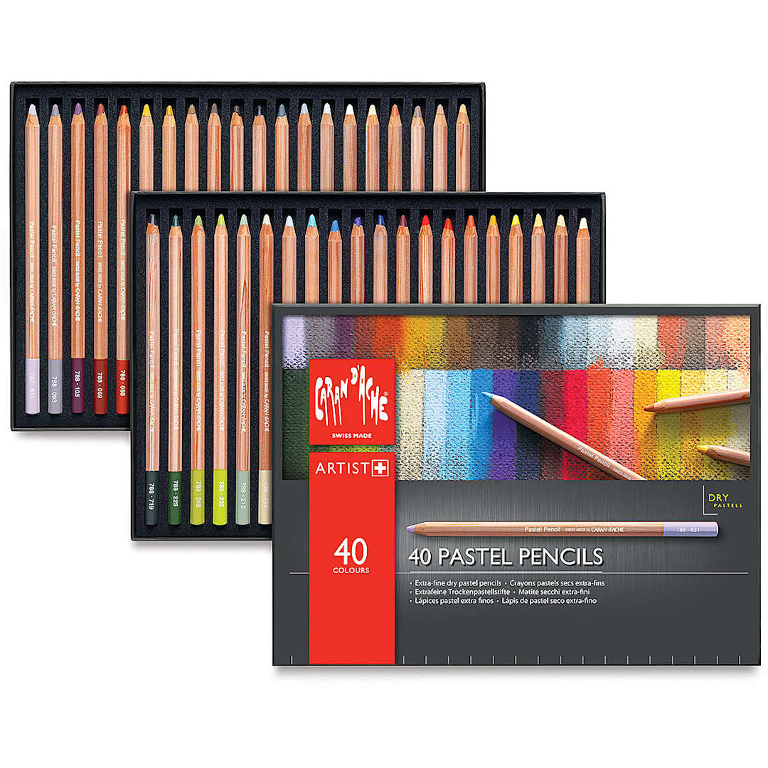 Open in modal - Caran d'Ache Pastel Pencil Set - 2 Trays of Set of 40 open with lid set to side