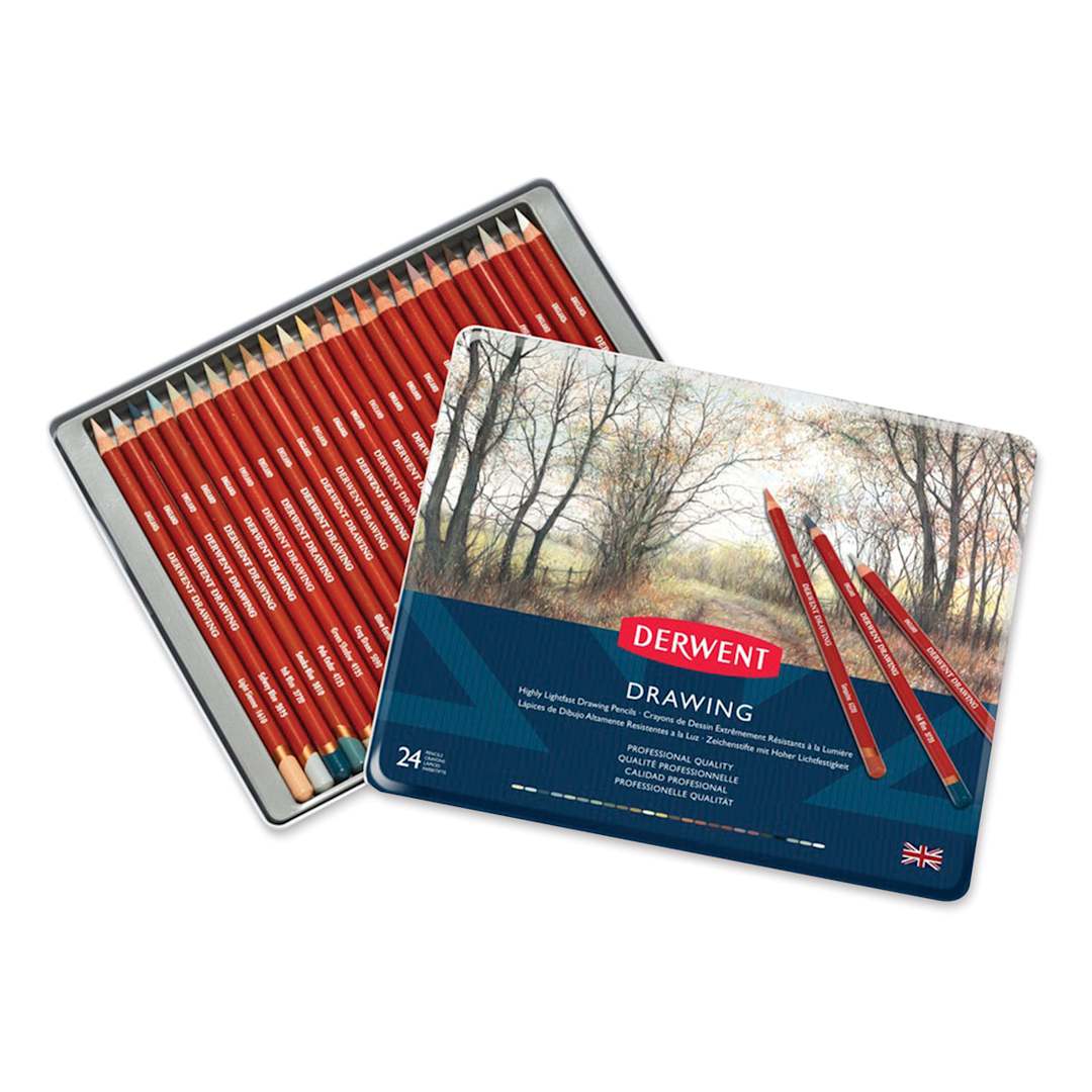 Open in modal - Derwent Drawing Pencils - Front view of Set of 24 package with lid open showing pencils in tray