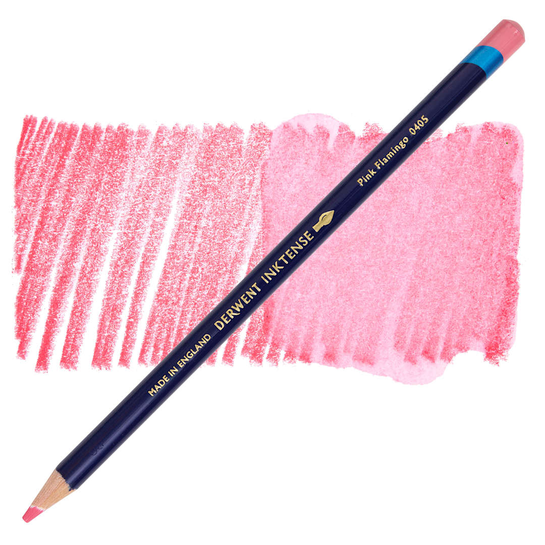 Open in modal - Derwent Inktense Pencil - Pink Flamingo, swatch and pencil