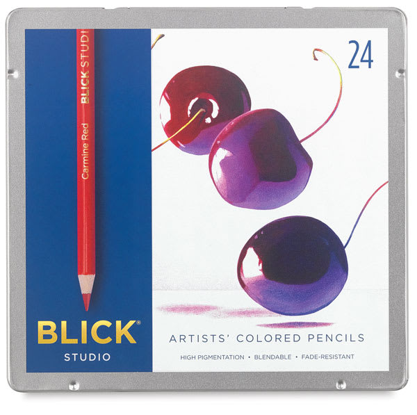 Open in modal - Blick Studio Artists' Colored Pencils - Assorted Colors, Set of 24. Front of cloased tin box. 