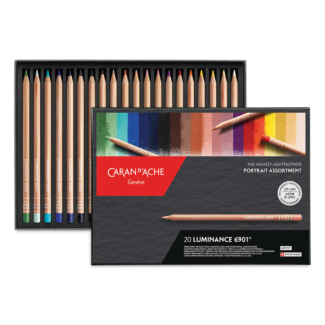 Open in modal - Caran d'Ache Luminance Colored Pencils - Portrait Colors, Set of 20 open box with contents