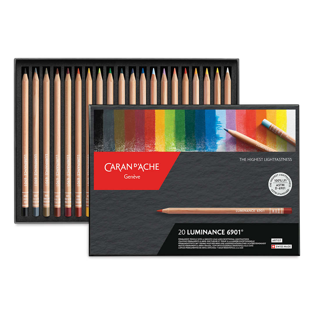Open in modal - Caran d'Ache Luminance Colored Pencils - Assorted Colors, Set of 20 open box with contents