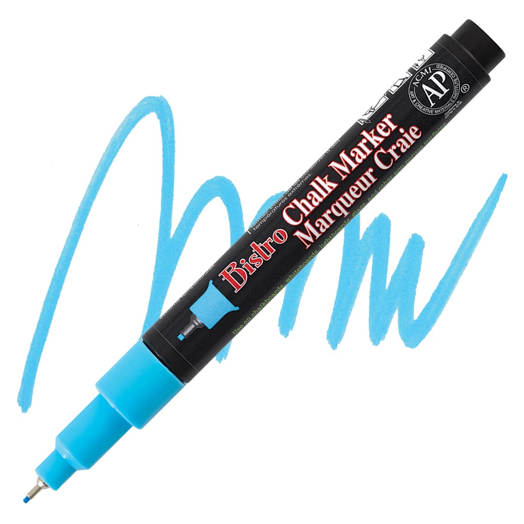 Open in modal - Marvy Uchida Bistro Chalk Marker - Fluorescent Blue, Extra Fine marker and swatch