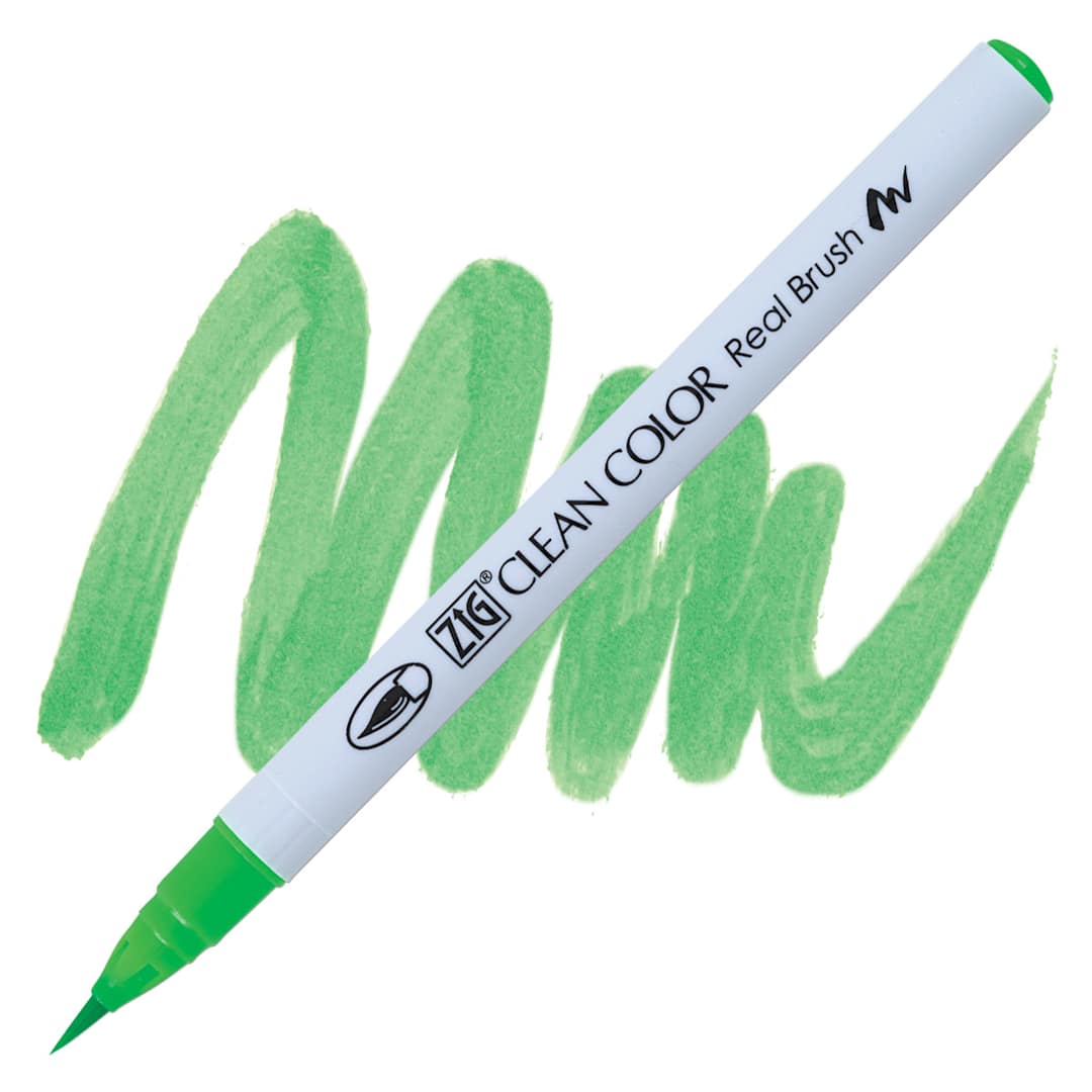 Open in modal - Kuretake Zig Clean Color Real Brush Pen - Fluorescent Green pen and swatch