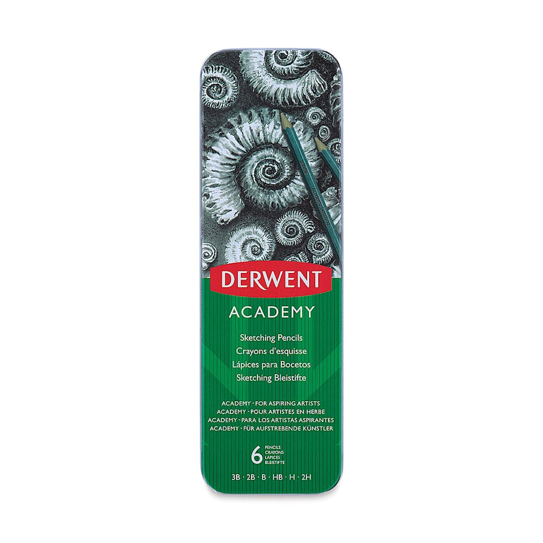 Open in modal - Derwent Academy Sketching Pencil Set - Front of Tin Package for 6 Pc Set 