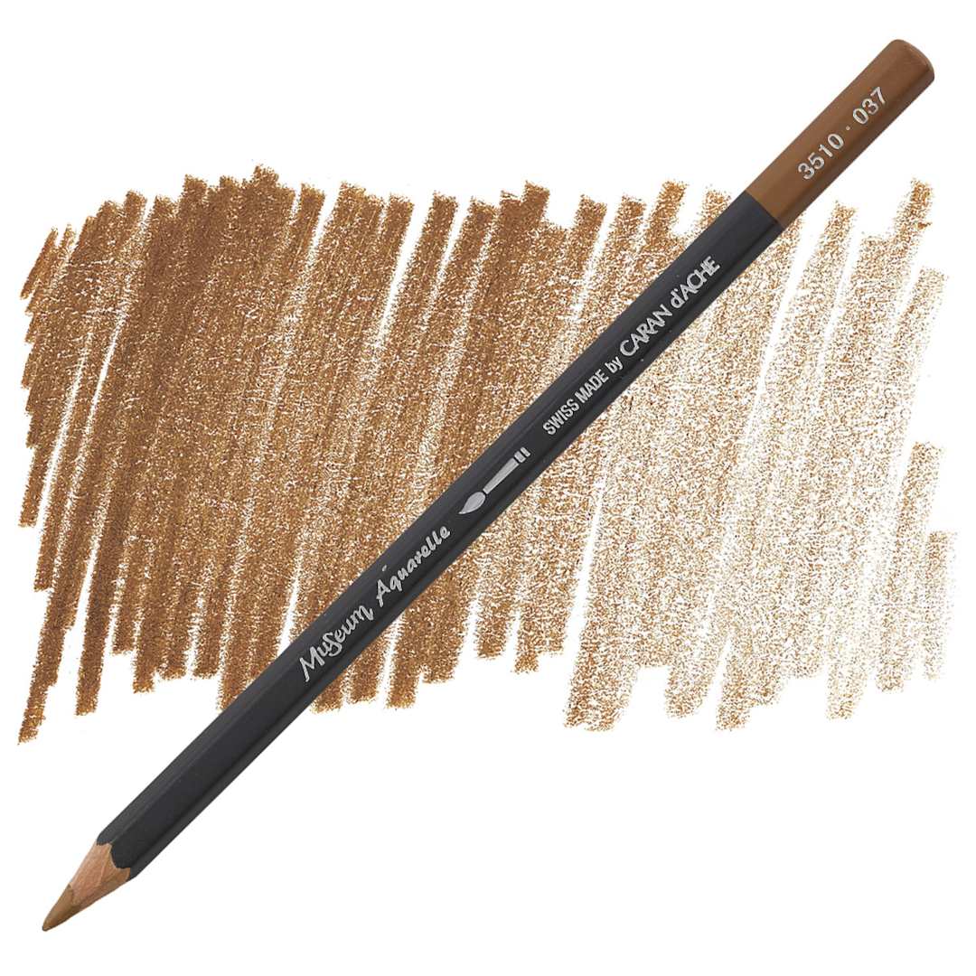 Open in modal - Caran D'Ache Museum Aquarelle Pencil - Brown Ochre pencil and swatch