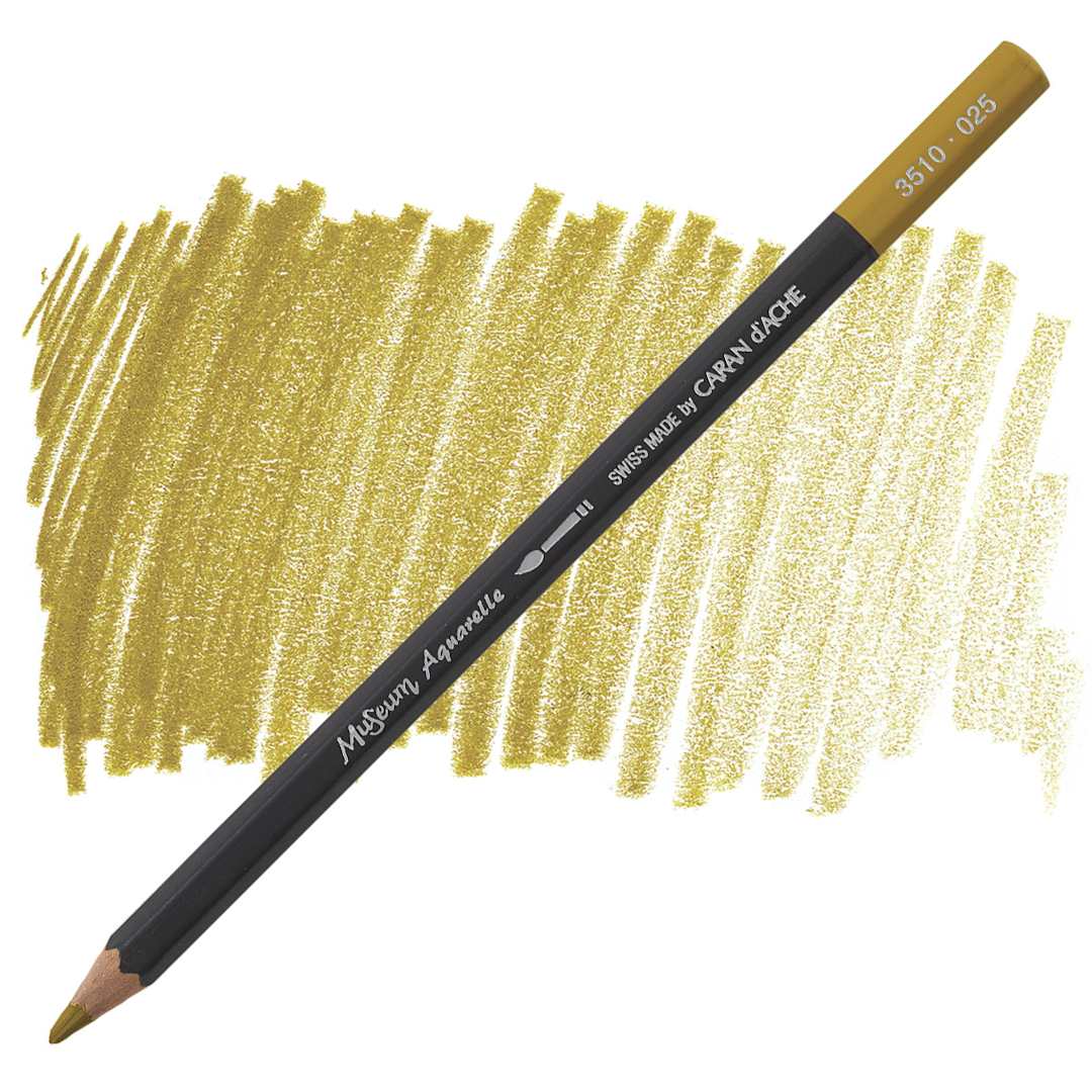 Open in modal - Caran D'Ache Museum Aquarelle Pencil - Green Ochre pencil and swatch