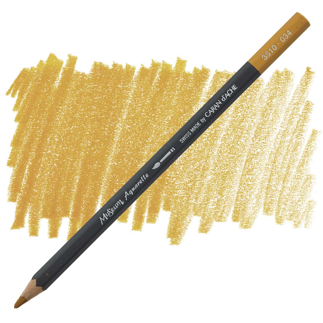 Open in modal - Caran D'Ache Museum Aquarelle Pencil - Yellow Ochre pencil and swatch