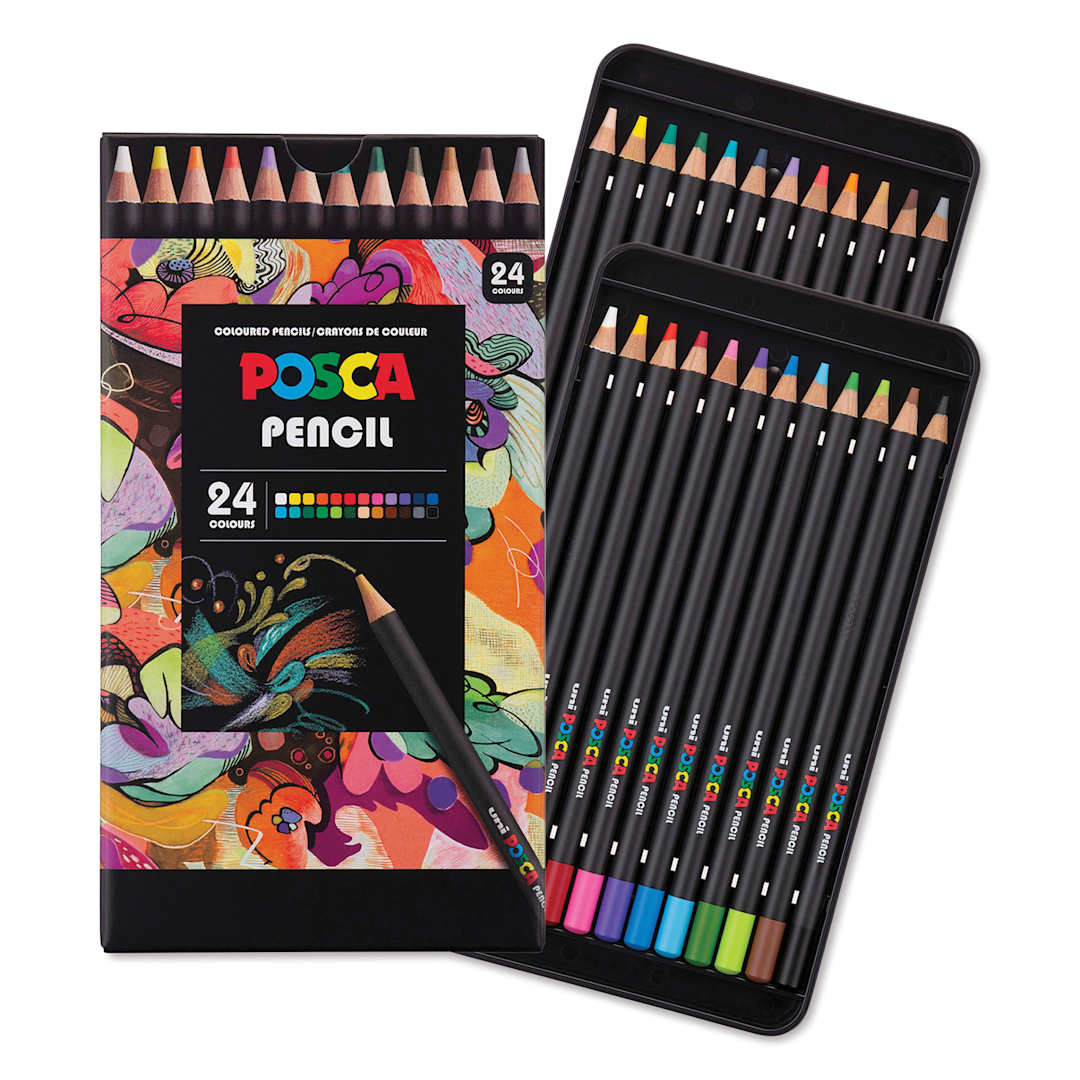 Open in modal - Posca Colored Pencils - Set of 24, Assorted Colors, packaging and contents