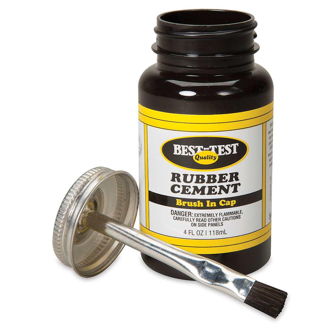 Open in modal - Best-Test Rubber Cement - Front view of 4 oz Jar, open showing Lid and attached brush