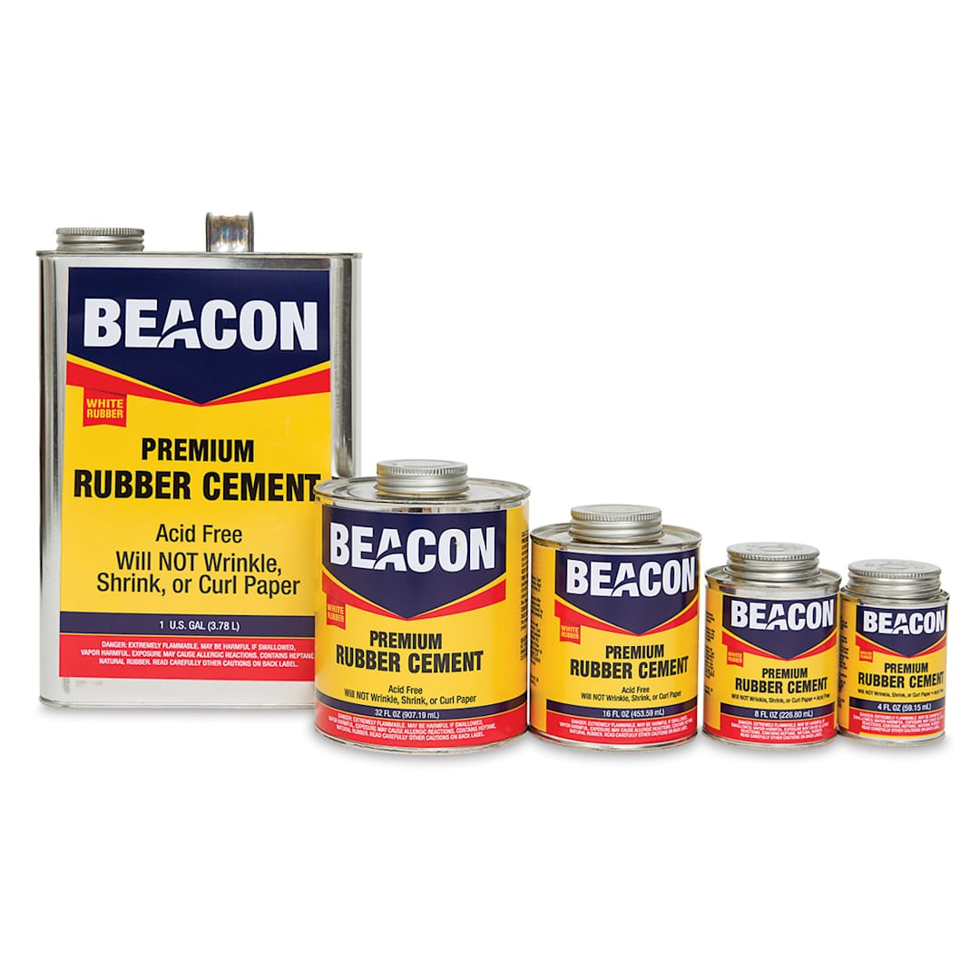 Open in modal - Beacon Artist Quality Rubber Cement - Several sizes of Rubber Cement cans shown