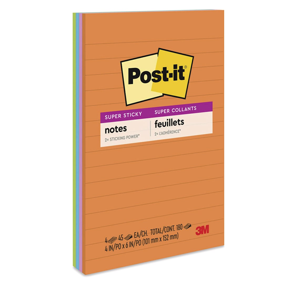 Open in modal - Post-it Super Sticky Notes - 4" x 6", Energy Boost Collection, Lined, Pkg of 4