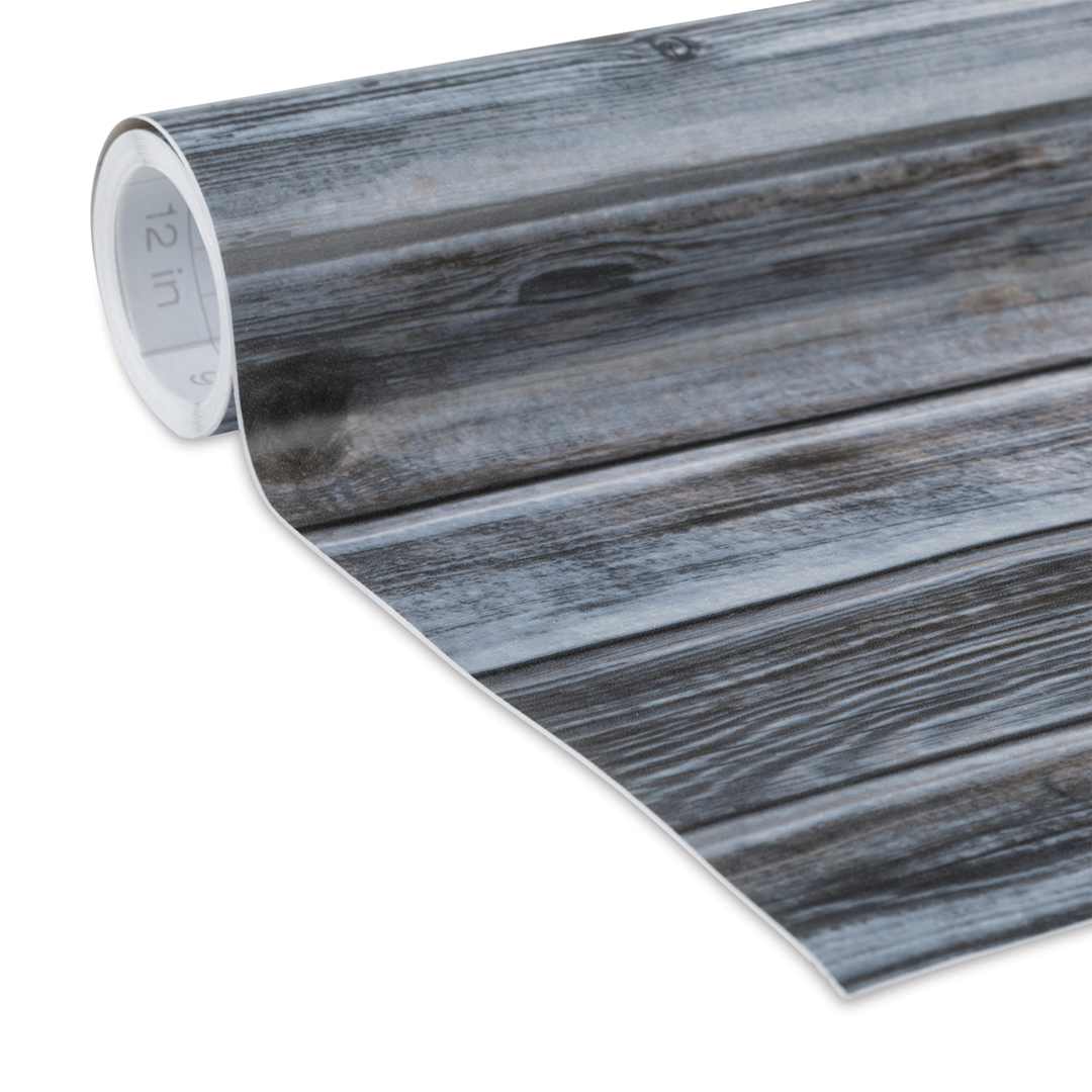 Open in modal - Duck EasyLiner Adhesive Laminate - Closeup of slightly unrolled permanent Weathered Wood pattern 