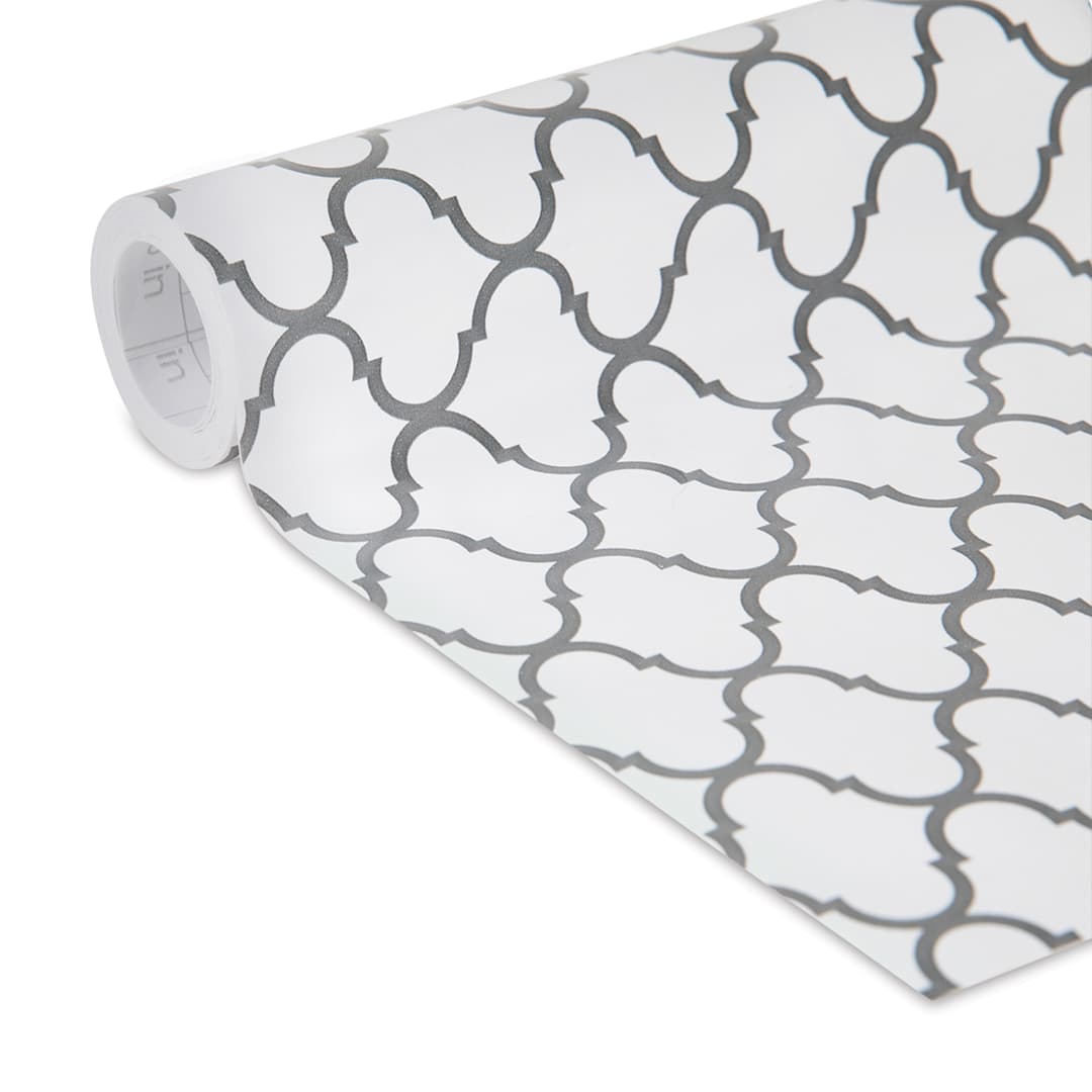 Open in modal - Duck EasyLiner Adhesive Laminate - Closeup of slightly unrolled removable Gray Quattrefoil pattern 