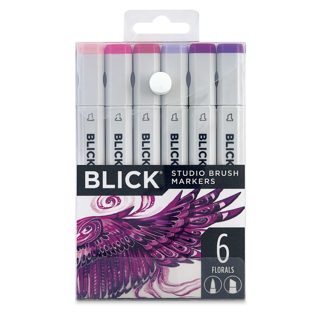 Open in modal - Blick Studio Brush Markers - Floral Colors, Set of 6. Front of package.