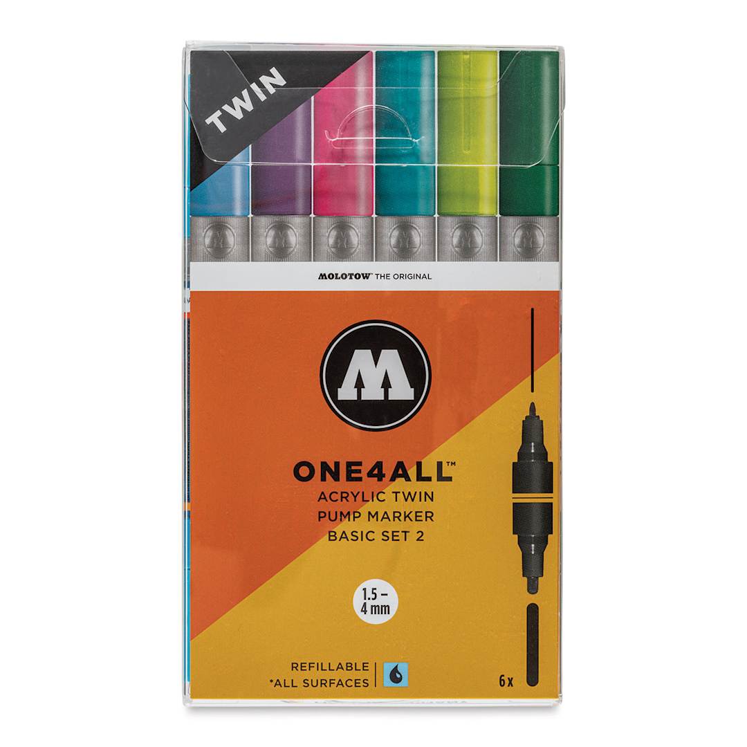 Open in modal - Molotow One4All Acrylic Twin Markers - Basic Colors 2, Set of 6 - front of packaging
