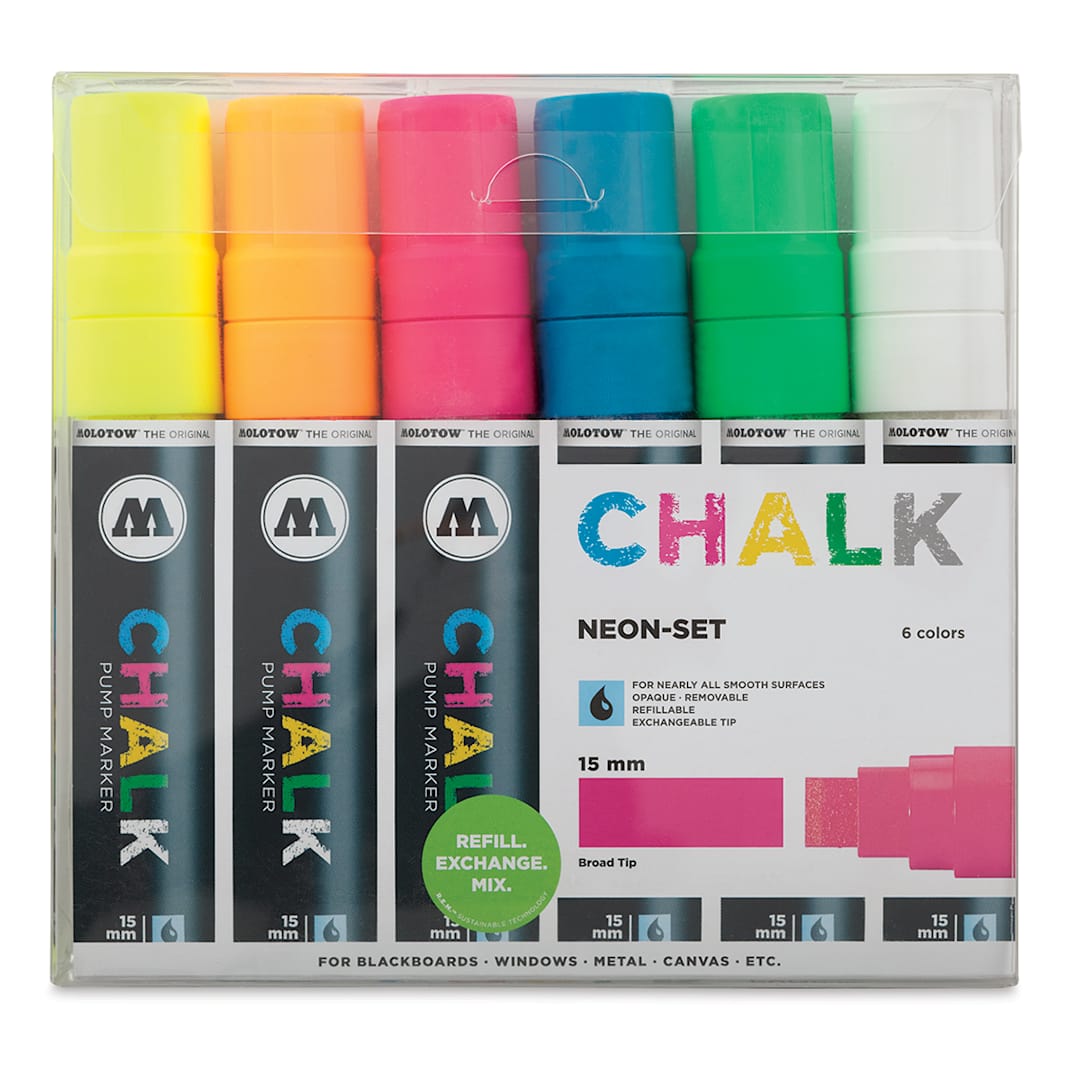 Open in modal - Molotow Chalk Markers - 6 pc set of 15mm Chisel Nibs in Neon colors 