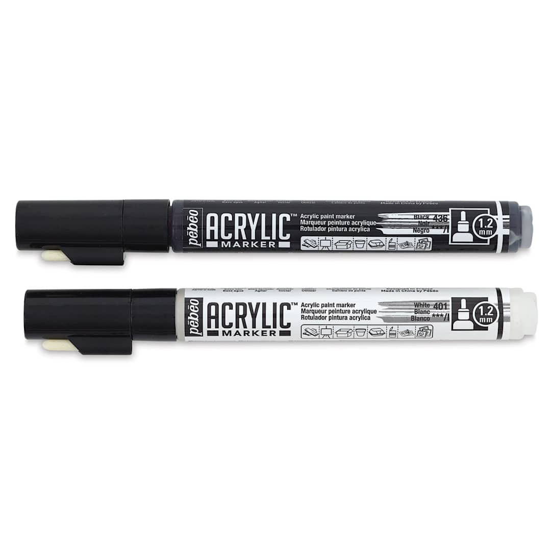 Open in modal - Pebeo Acrylic Markers - Capped White and Black Markers shown horizontally
