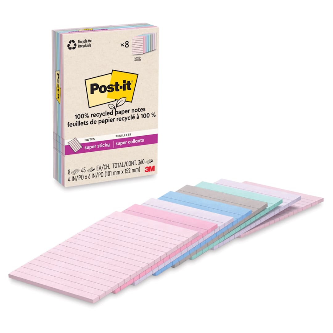 Open in modal - Post-it Recycled Super Sticky Notes - Wanderlust Pastels Collection, 4" x 8", Pkg of 8, Lined