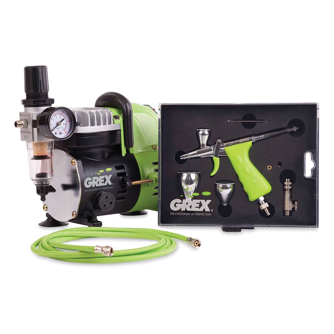 Open in modal - Grex Airbrush Combo Kit - Components of Tritium Gravity Feed Airbrush Kit shown