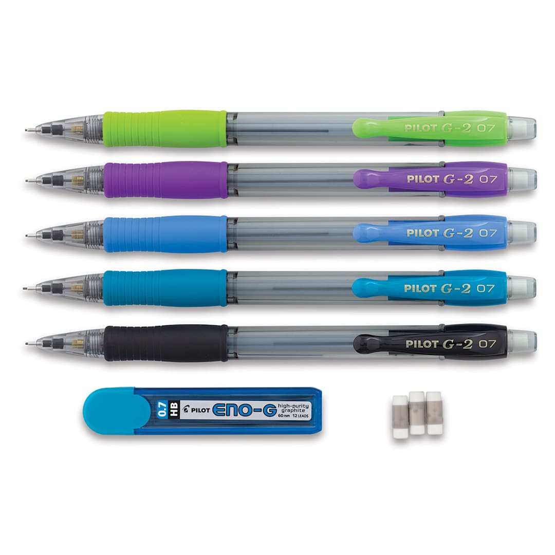 Open in modal - Pilot G2 Mechanical Pencils - Set of 5 pencils shown horizontally with extra leads and erasers