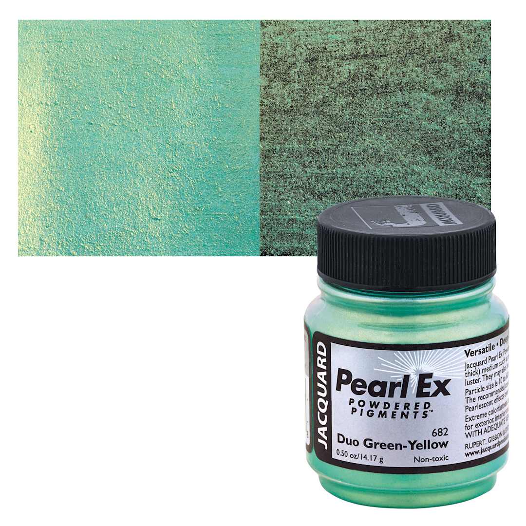 Open in modal - Jacquard Pearl-Ex Pigment - Duo Green-Yellow, .5 oz, Jar and swatch