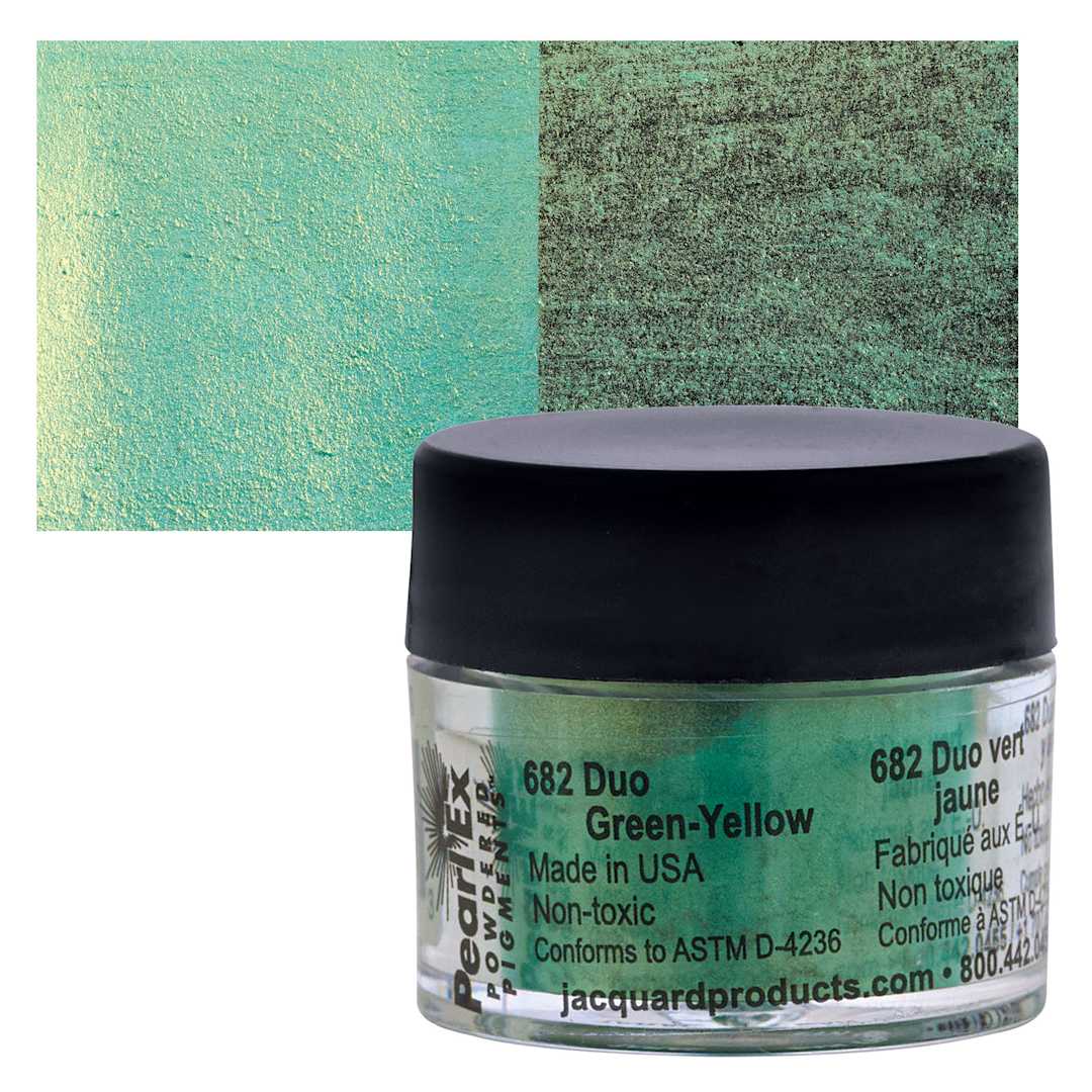Open in modal - Jacquard Pearl-Ex Pigment - Duo Green-Yellow, 0.1 oz, Jar and swatch