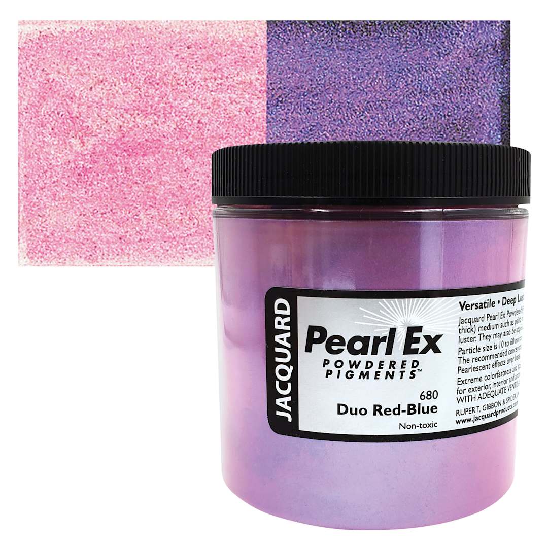 Open in modal - Jacquard Pearl-Ex Pigment - 4 oz, Duo Red-Blue, Jar and swatch