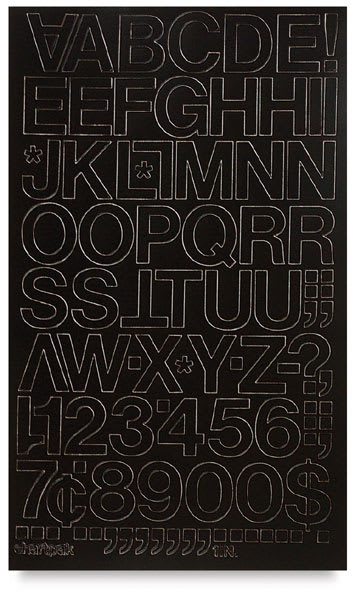 Open in modal - Chartpak Vinyl Letters - Top view of sheet of Black letters and numbers