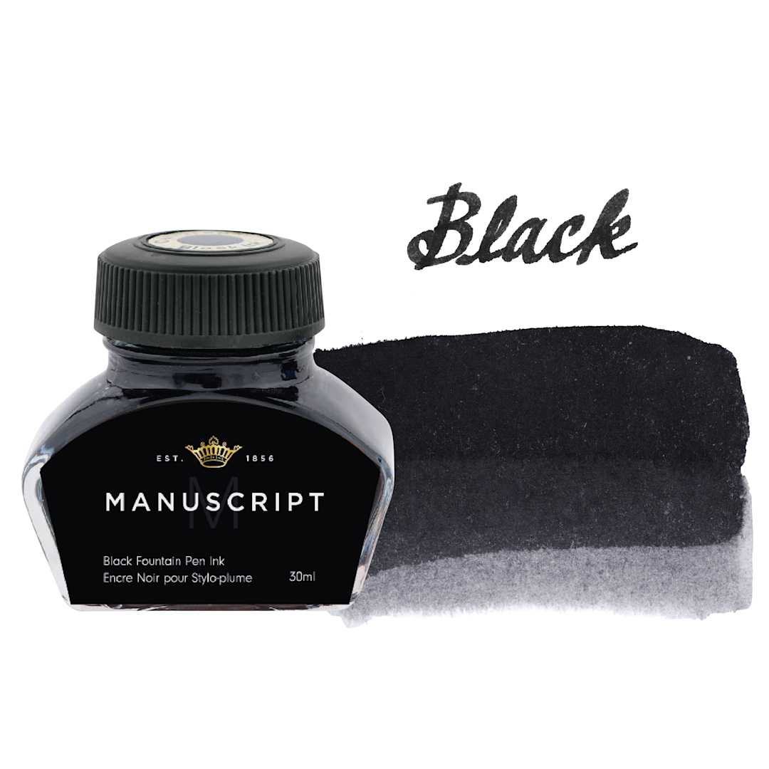 Open in modal - Manuscript Fountain Pen Ink - Black, 30 ml bottle and swatch