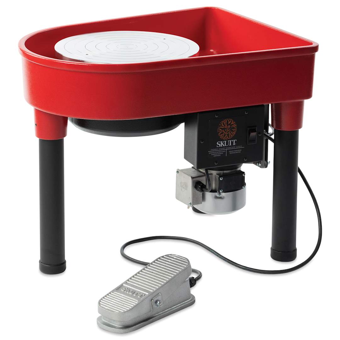 Open in modal - Skutt Red Classic Pottery Wheel - 1/3 HP w/ SSX Controller Pedal angled view