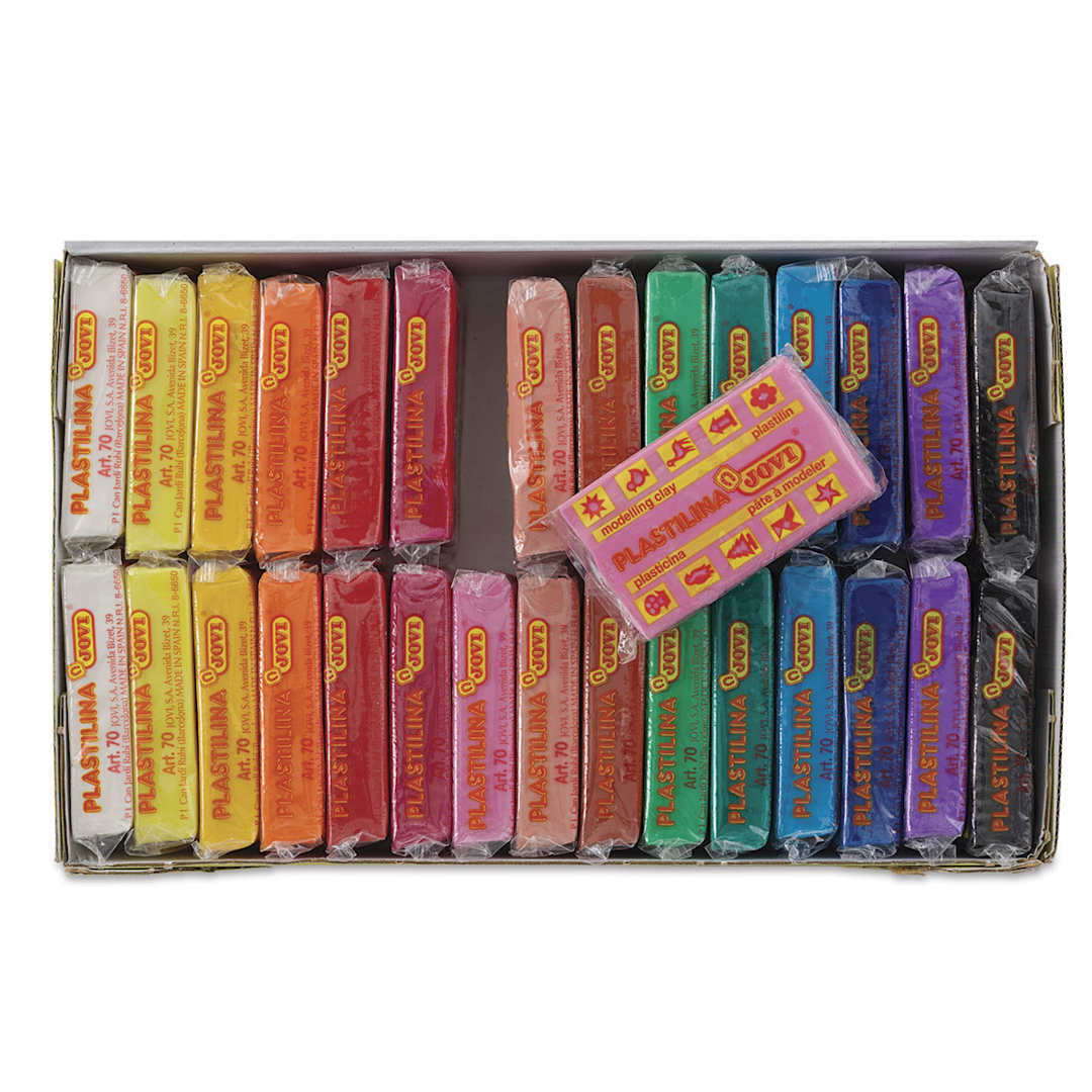 Open in modal - Jovi Plastilina Modeling Clay - Open pkg of 30 pc Assorted Colors Clay showing contents, 1 removed