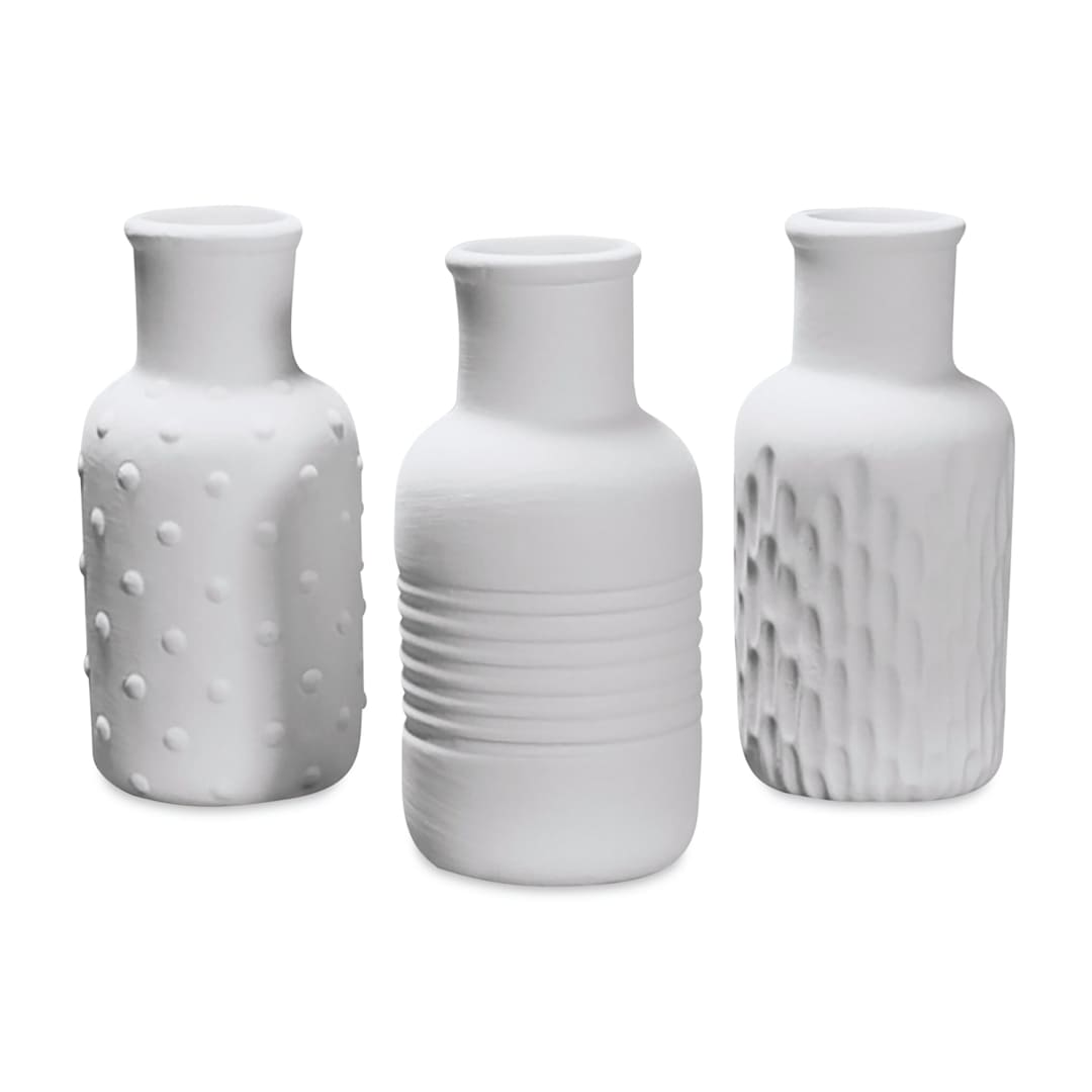 Open in modal - Mayco Earthenware Bisque Bud Vases - Front view of 3 different patterns of unglazed vases