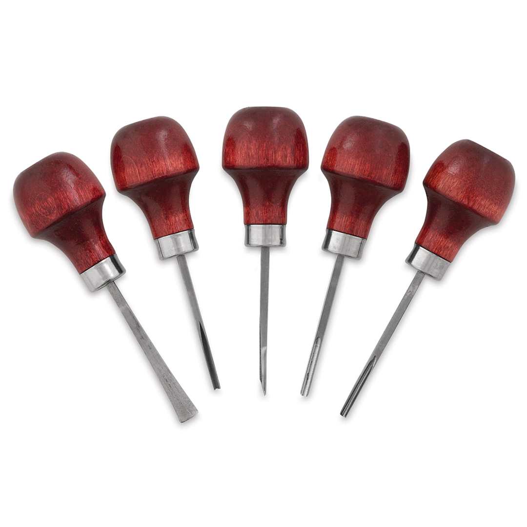 Open in modal - UJ Ramelson Linoleum Block Cutting Set - Component tools of set shown in fan