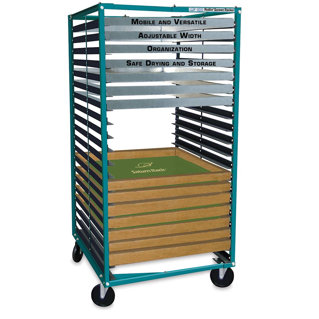 Open in modal - AWT Rollin' Screen Racker - Angled view of 20 shelf Screen Racker partially filled