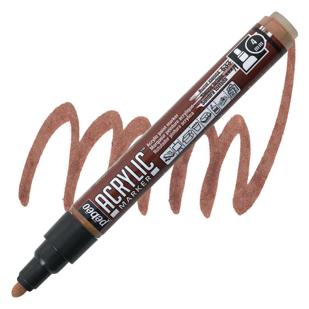 Open in modal - Pebeo Acrylic Marker - Burnt Sienna, 4 mm, Bullet Nib marker and swatch