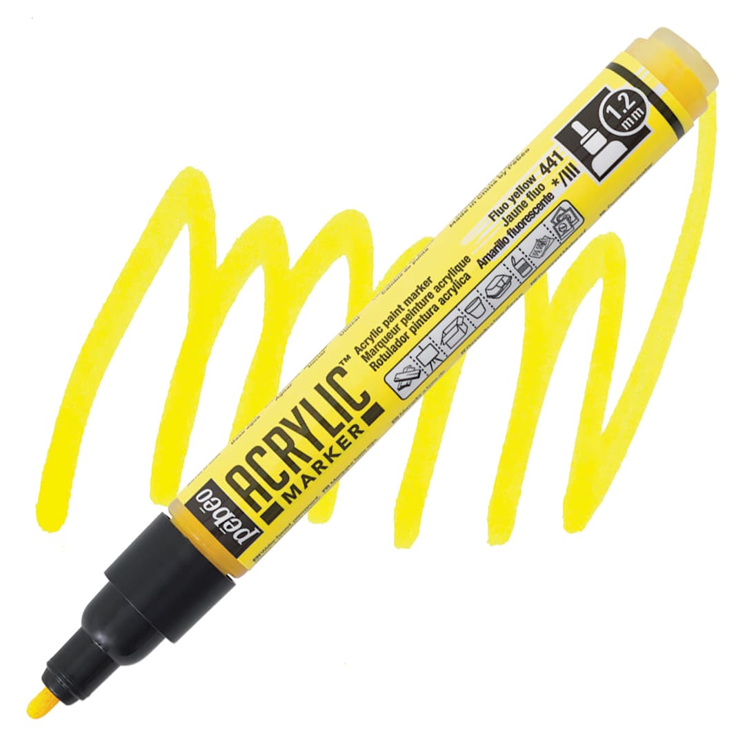 Open in modal - Pebeo Acrylic Marker - Fluorescent Yellow, 1.2 mm, Bullet Nib marker and swatch