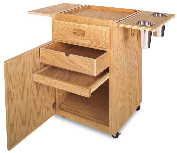 Open in modal - Terrero Taboret and Easel Stand - Angled view with doors and drawers open