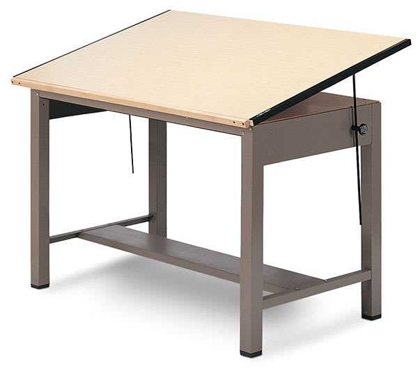 Open in modal - Mayline Ranger Steel Four-Post Drawing Tables - Angled view with top raised
