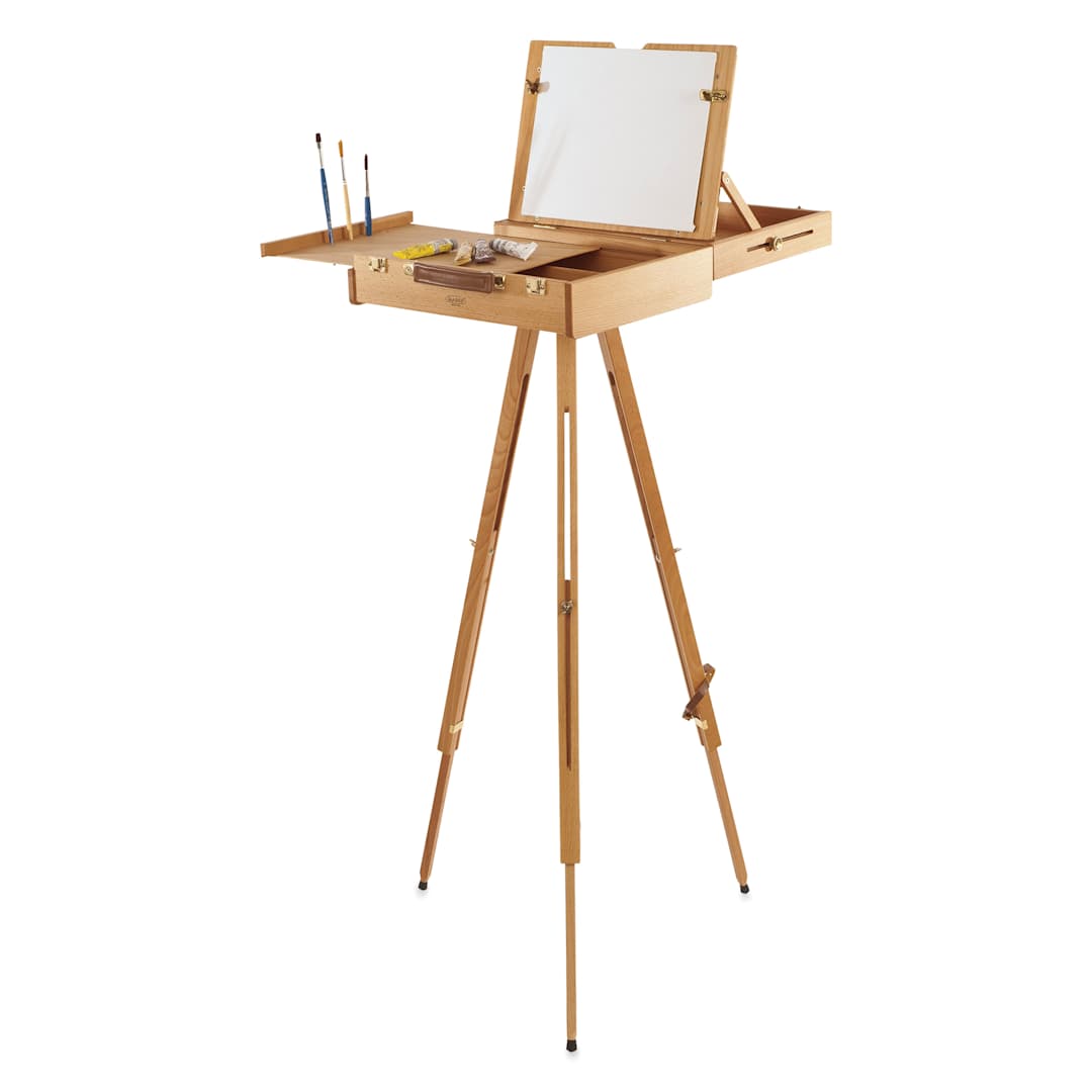 Open in modal - Mabef Pochade Box and Tripod - Set up together, with art supplies, supplies sold separatly