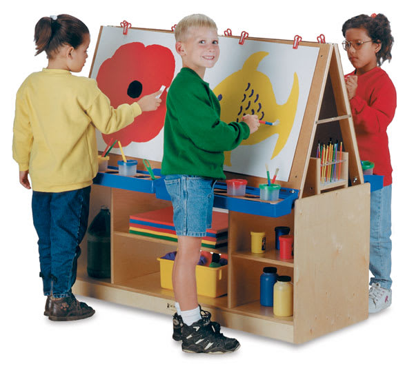 Open in modal - Jonti-Craft 4-Station Art Center - Three children painting pictures at individual stations

